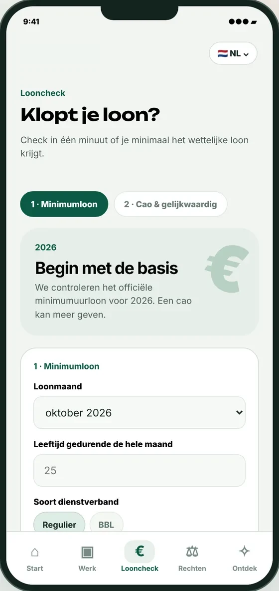 Looncheck in Komvaya: maand, leeftijd en contract invullen om het wettelijk minimumloon 2026 te controleren