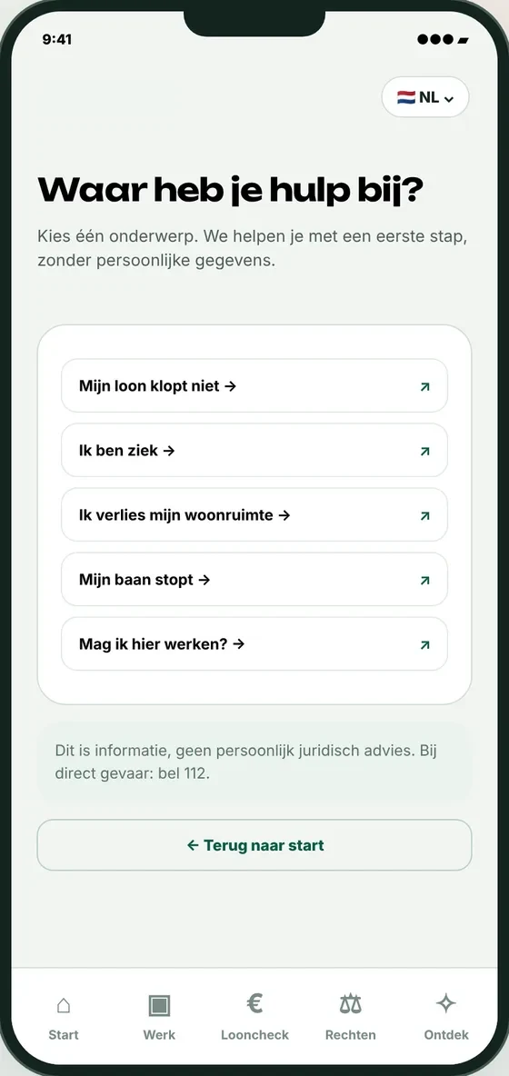 Komvaya-scherm Waar heb je hulp bij, met onderwerpen als loon, ziekte en ontslag